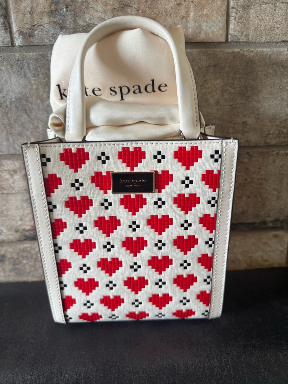 kate spade Ivory and Red Heart Pattern Tote